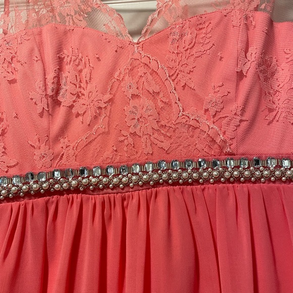 Beautiful Coral Lacey Dress with Pearl/Crystal belt | Elise Ryan - Picture 3 of 3